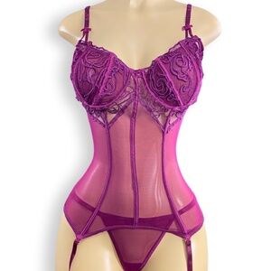 New Corset Mesh Lace Bustier With Garters and G-String Set Burgundy Lingerie